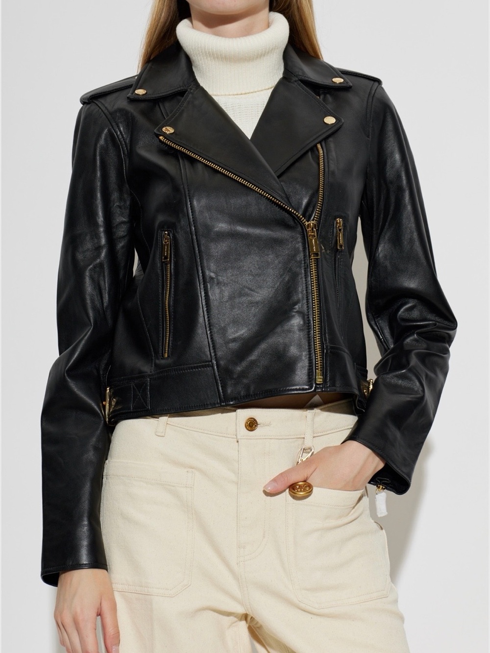 Michael Kors Black Leather Moto Jacket with Gold Hardware